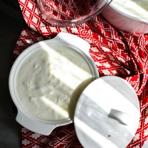 Fresh Turkish yogurt served in white dishes on a vibrant red patterned cloth, perfect for culinary presentations.